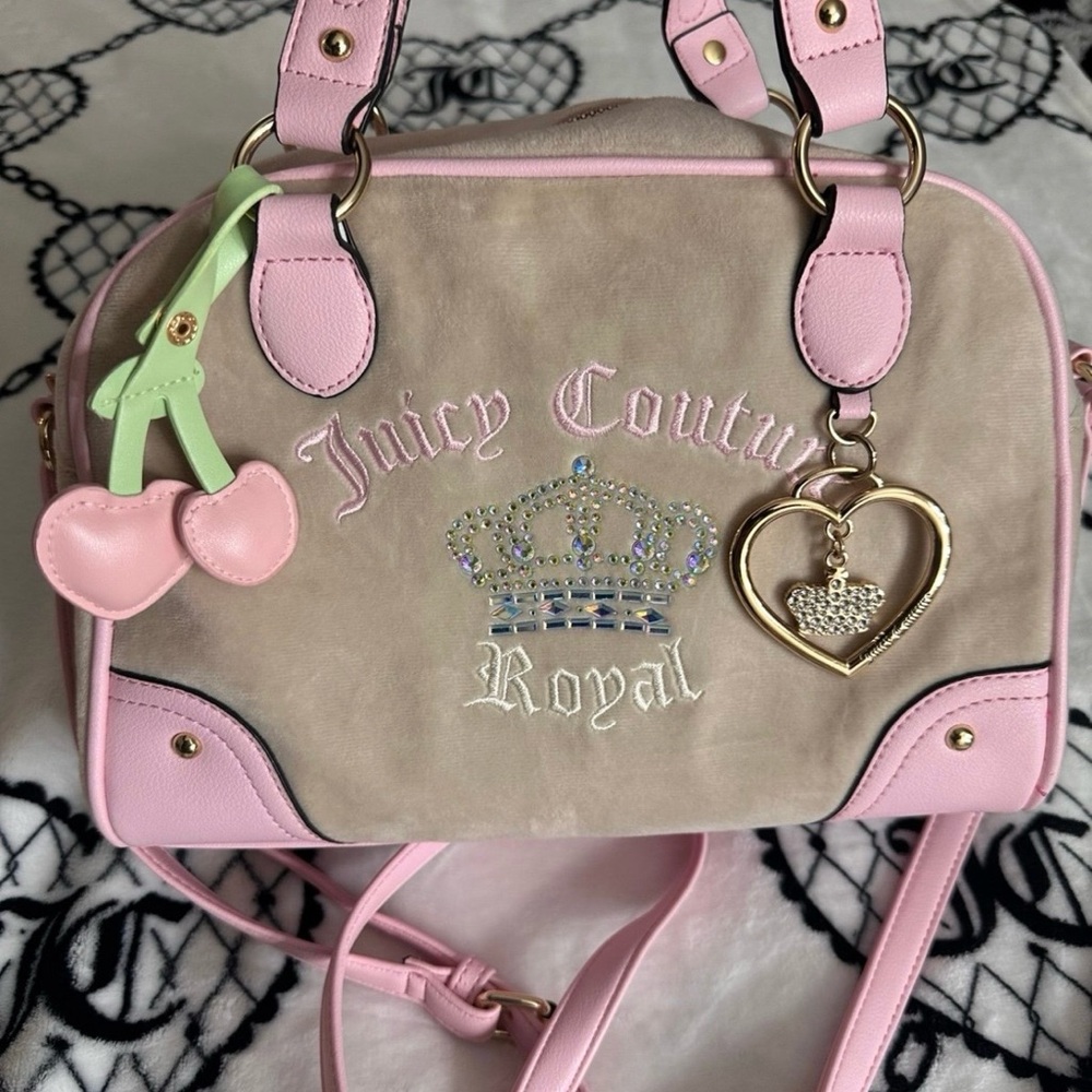 Juicy Couture Pink Suede & Leather Cherry Charm Crossbody